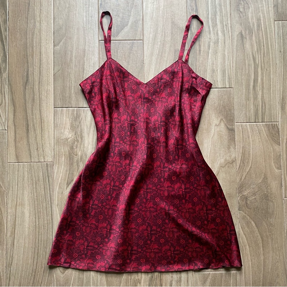 NWT vintage Neiman Marcus red black lace print pure 100% silk slip dress size L